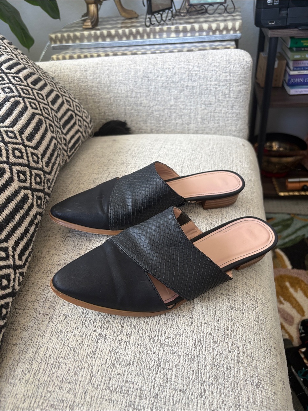 Black Pointed Slip-On Mules with Textured Cross Strap real leather